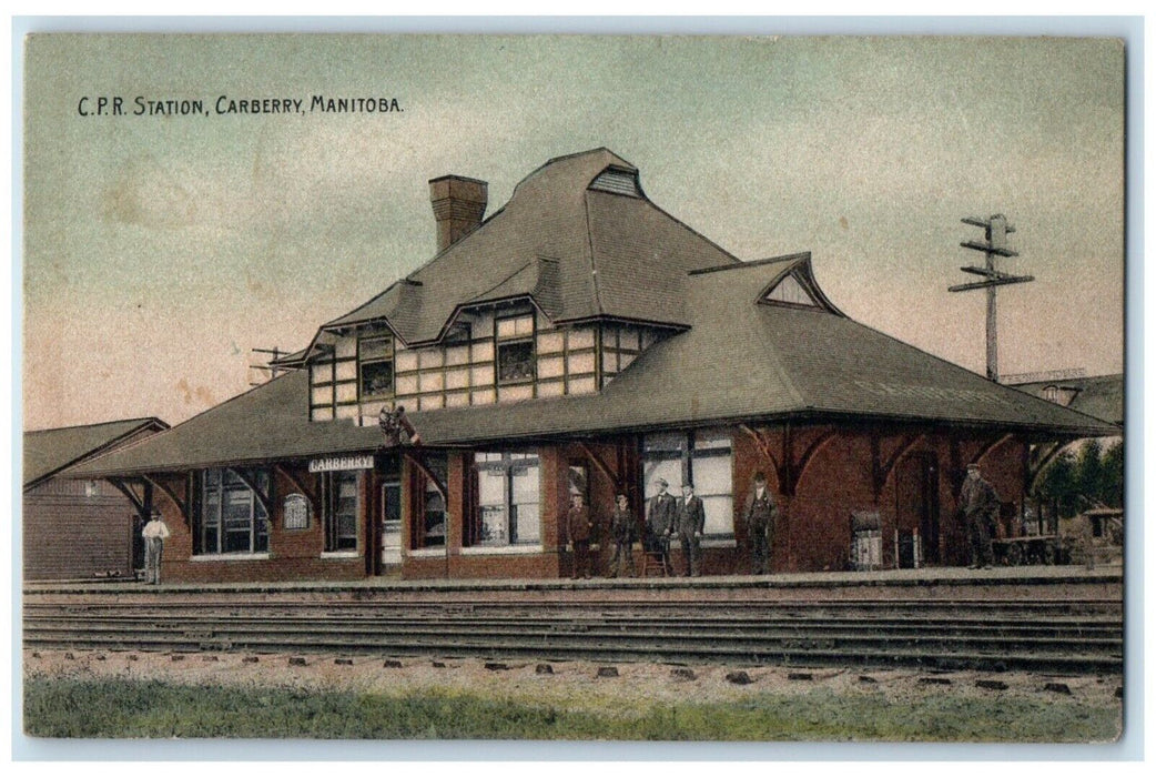1909 CPR Train Station Depot Carberry Manitoba Canada Posted Antique Postcard