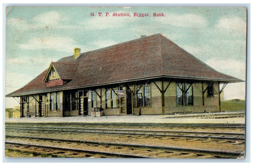 c1910's GTP Station Train Depot Bicycle Biggar Sask Canada Antique Postcard