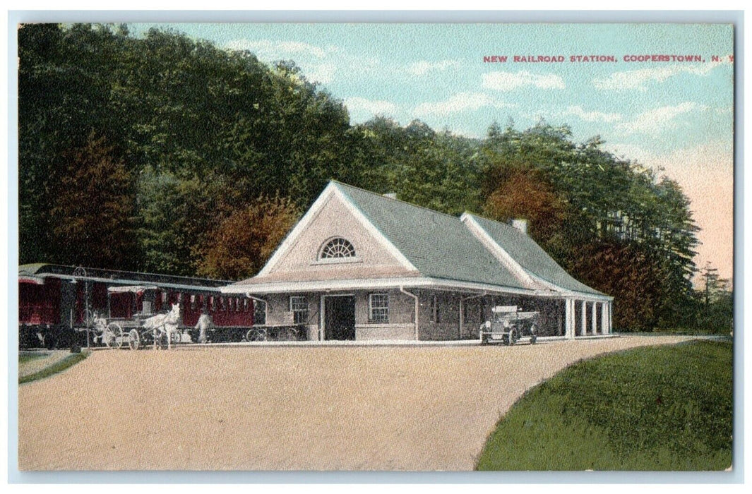 c1910's New Railroad Station Depot Car Cooperstown New York NY Antique Postcard