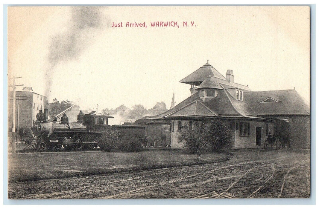 c1910's Just Arrived Railroad Train Station Depot Warwick New York NY Postcard