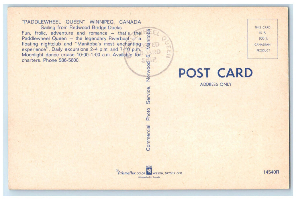 c1960's Paddlewheel Queen Sailing from Redwood Bridge Docks Canada Postcard