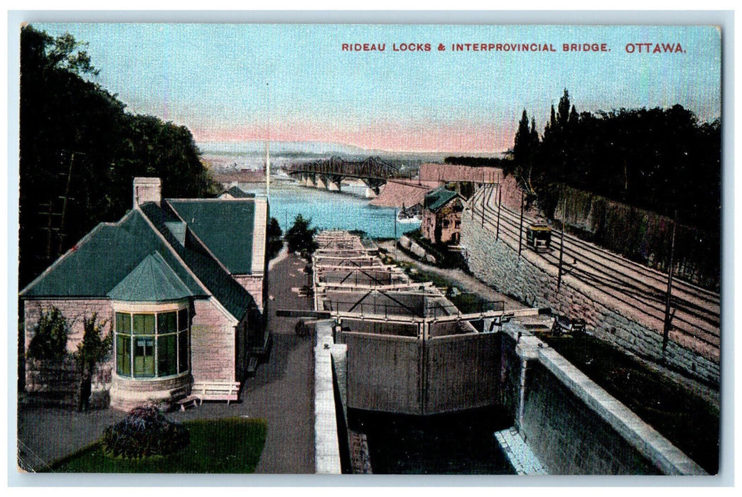 c1910 Rideau Locks & Interprovincial Bridge Ottawa Canada Unposted Postcard