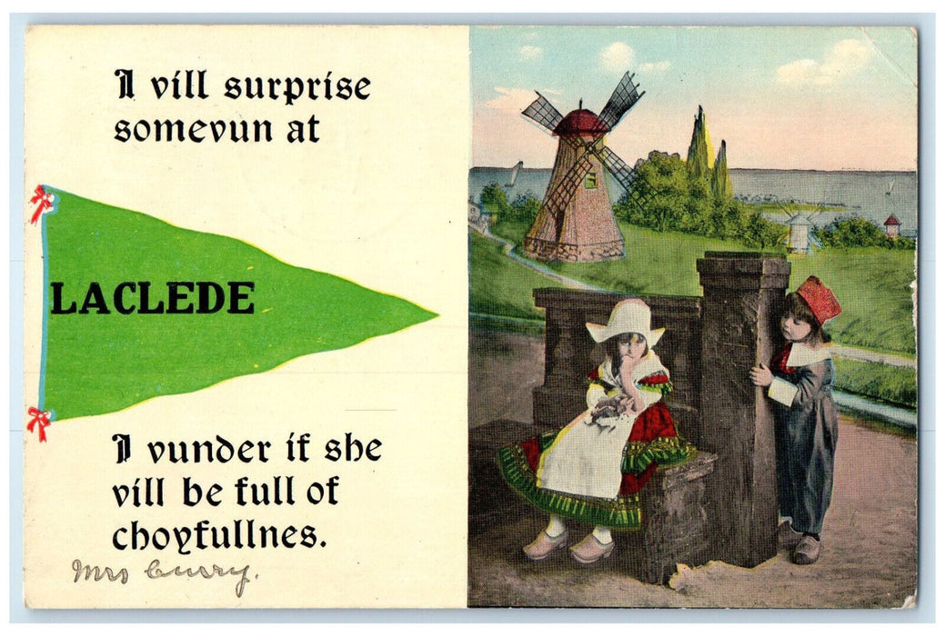 1914 Laclede Missourie Mendon MO Green Pennant Messsage Lighthouse Kids Postcard