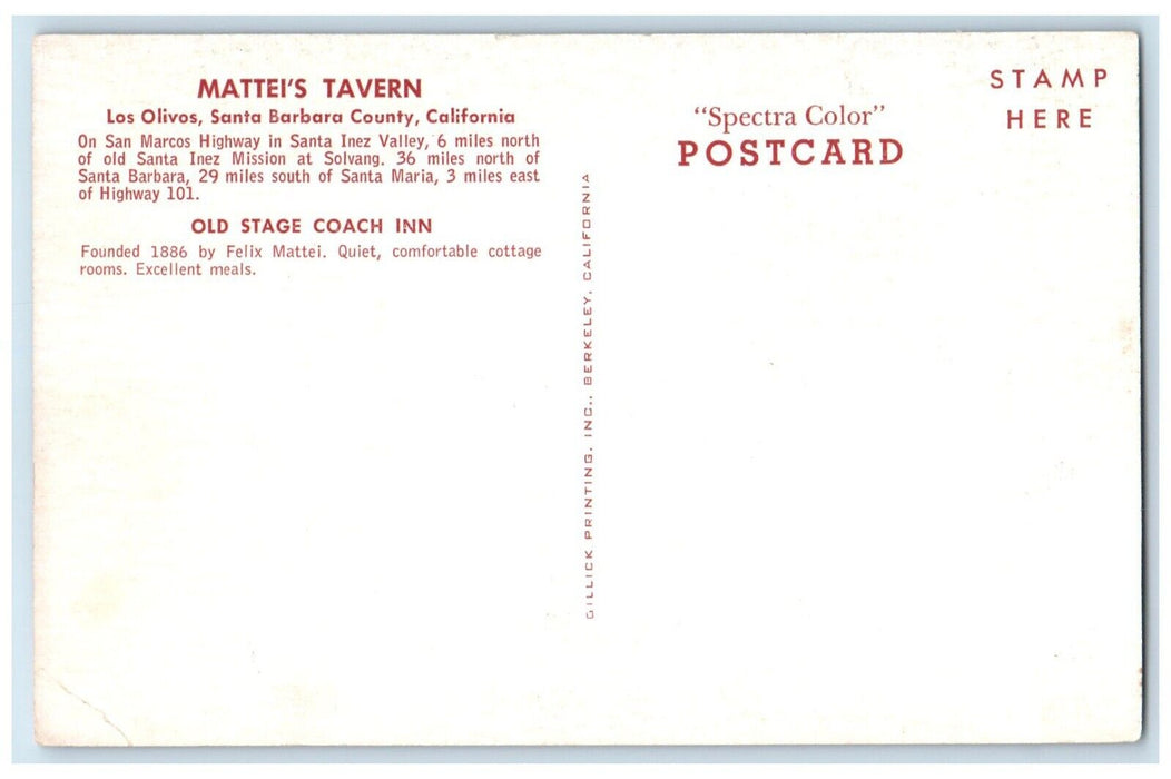 c1960 Mattei's Tavern Los Olivos Santa Barbara County Inez California Postcard