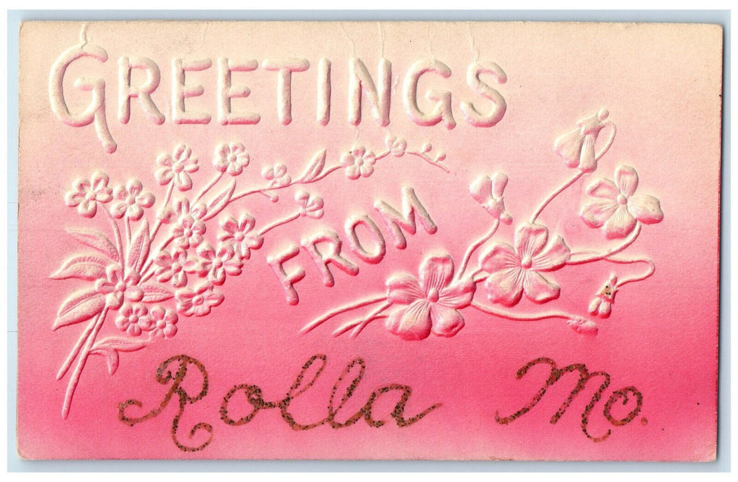 c1910 Greetings from Rolla Missouri MO Embossed Airbrush Antique Postcard