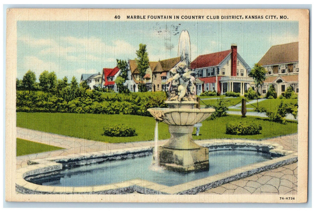 c1940's Marble Fountain in Country Club District Kansas City MO Postcard