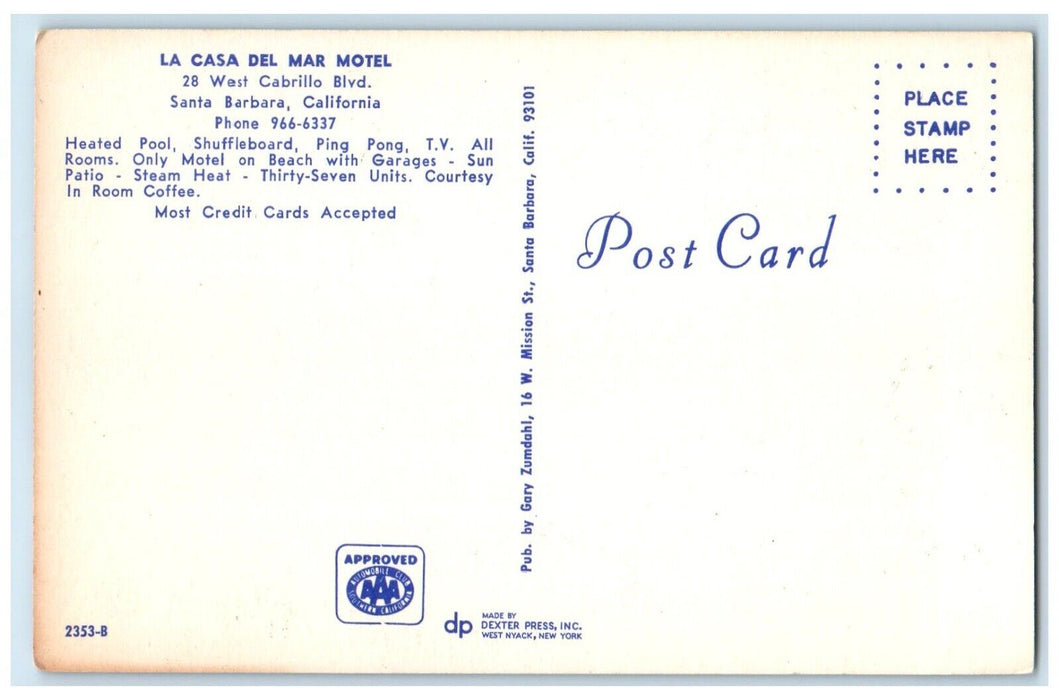c1960 La Casa Del Mar Motel West Cabrillo Boulevard Santa Barbara Calif Postcard