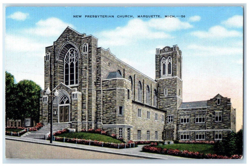 c1940 New Presbyterian Church Exterior Building Marquette Michigan MI Postcard