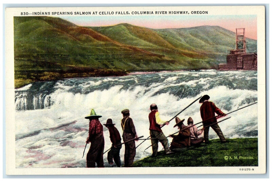 1940 Indians Spearing Salmon Celilo Falls Highway Columbia River Oregon Postcard