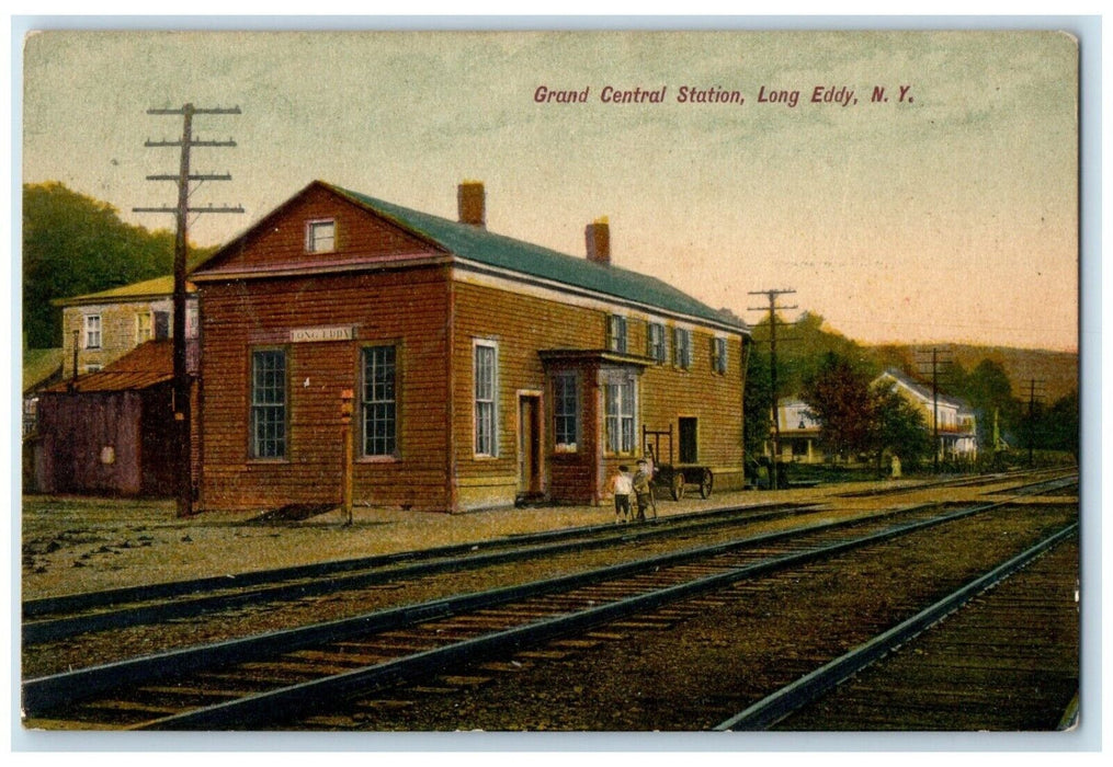 1909 Grand Central Station Depot Railroad Train Long Eddy New York NY Postcard