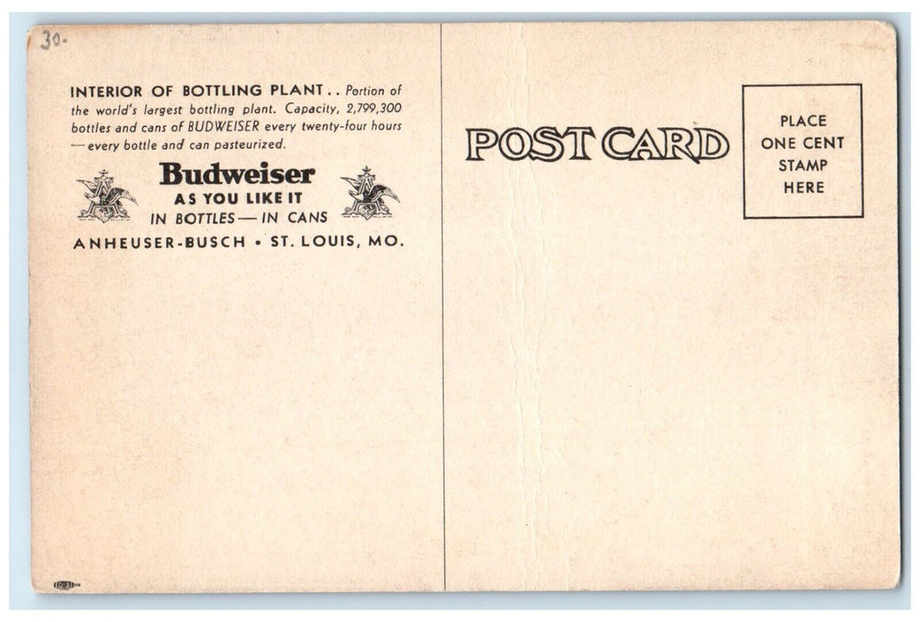 Budweiser Beer Anheuser Busch Bottled Beer St. Louis Missouri MO Postcard