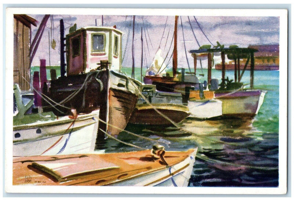 c1940 Fishing Boats Painting Avery Johnson Key West Florida FL Unposted Postcard