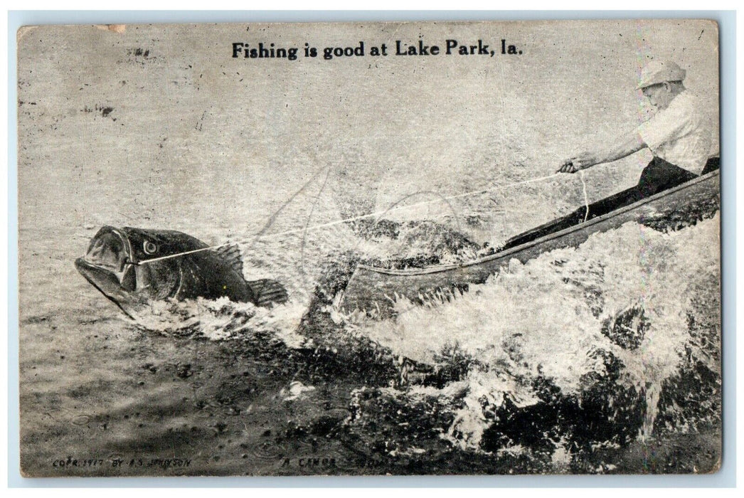1921 Fishing Good Canoe Boat Fish River Lake Park Iowa Vintage Antique Postcard