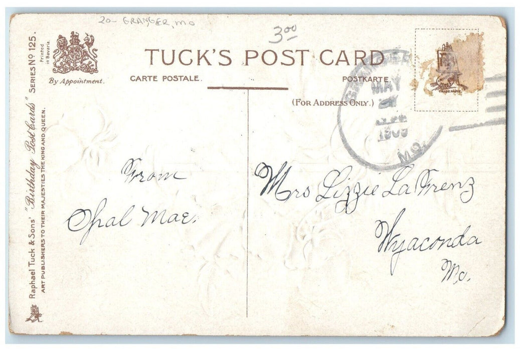 1909 Birthday Granger Missouri MO To Wyaconda Tuck's Duane Cancel Postcard