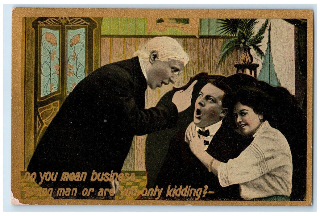 c1910's Angry Father Son Fighting Solon Iowa IA Hand Cancel RFO 1 Cent Postcard