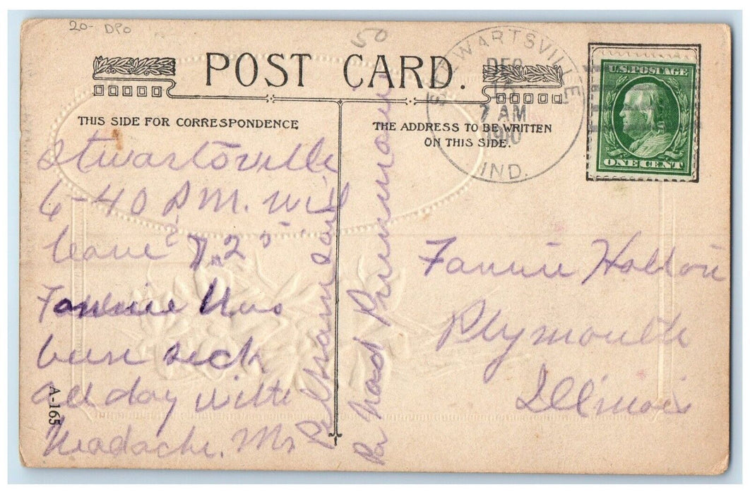 1910 Flowers Stewartsville Indiana IN Plymouth Illinois IL Duane Cancel Postcard