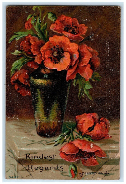 c1910's Kindnest Regards Flowers Milford Indiana IN Hand Cancel 1 Cent Postcard