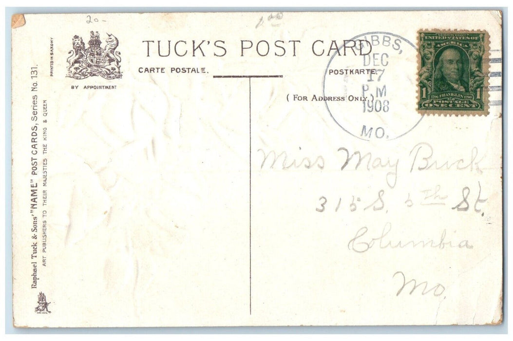 1908 Edith Flowers Gibbs Missouri To Columbia Tuck's Duane Cancel Postcard