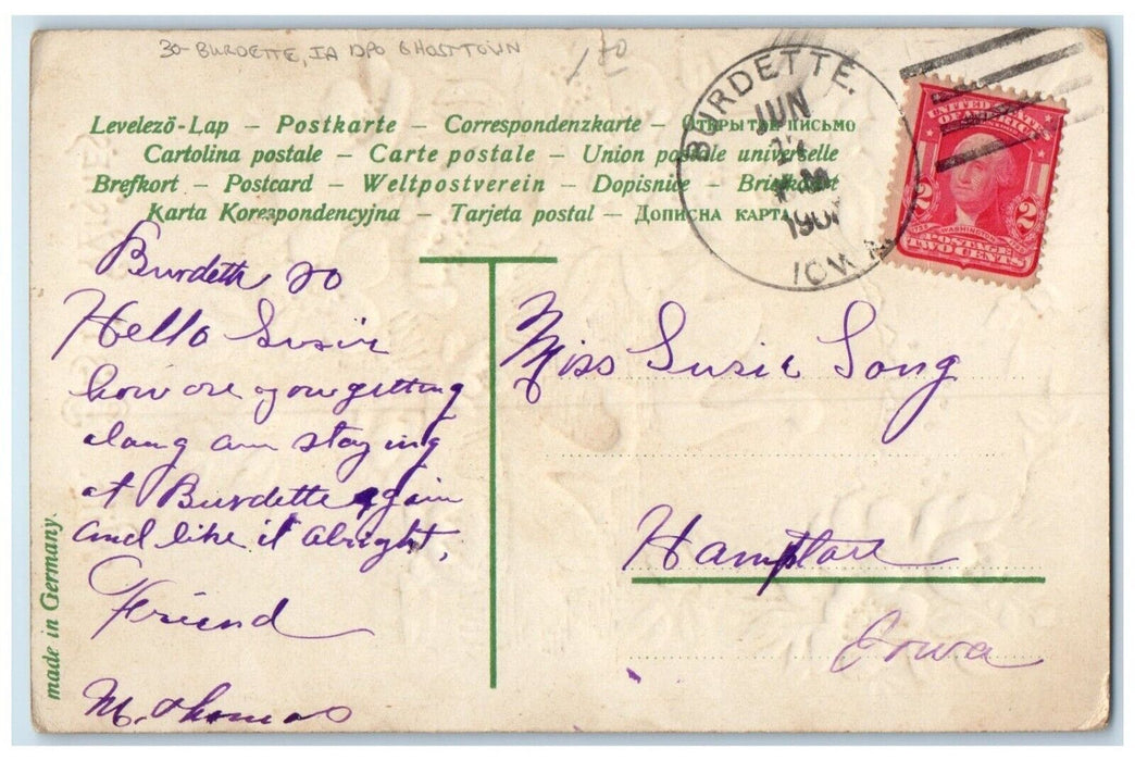 1909 Best Wishes Burdette Iowa DPO To Hampton Ghosttown Duane Cancel Postcard