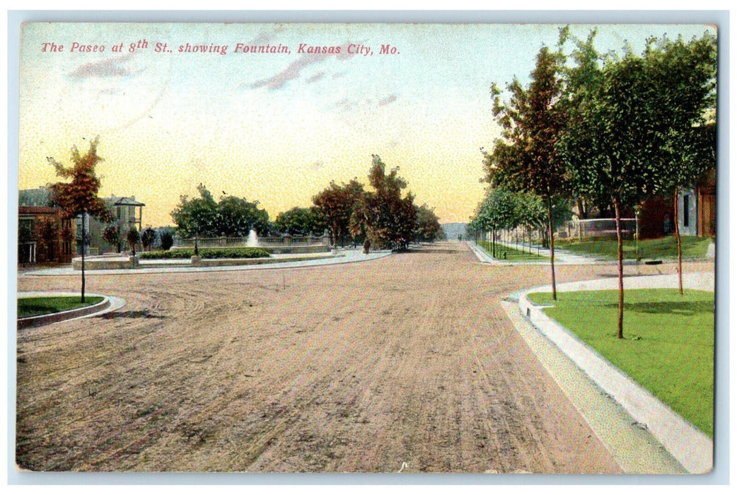 1909 The Paseo at 8th Street Showing Fountain Kansas City Missouri MO Postcard