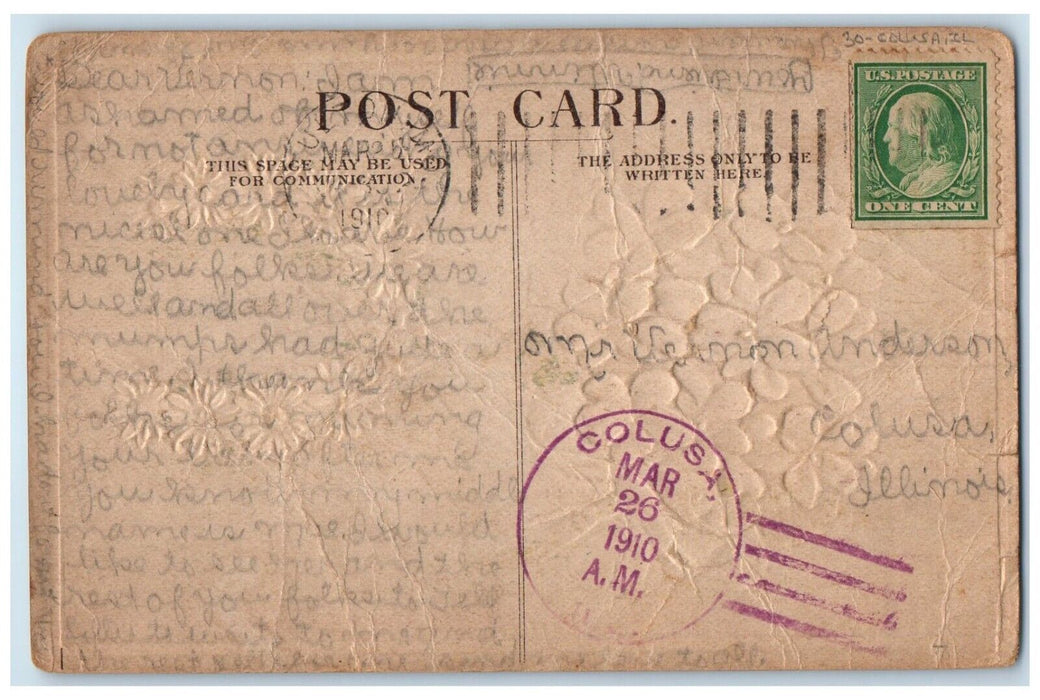 1910 Goodluck Horseshoe Flowers Colusa Illinois IL Purple Cancel 1 Cent Postcard