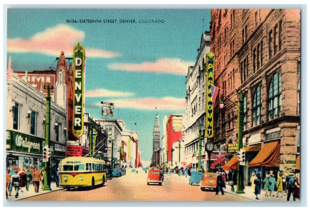 c1930's Sixteenth Street Paramount Clock Bus Cars Denver Colorado CO Postcard