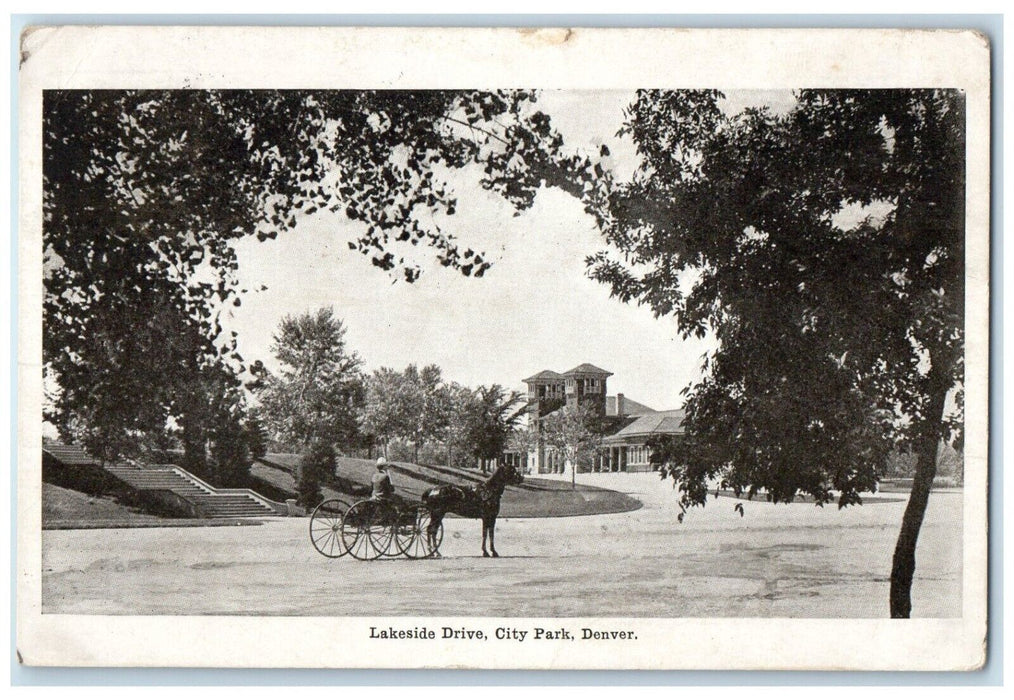 1909 Lakeside Drive City Park Horse And Wagon Denver Colorado CO Posted Postcard