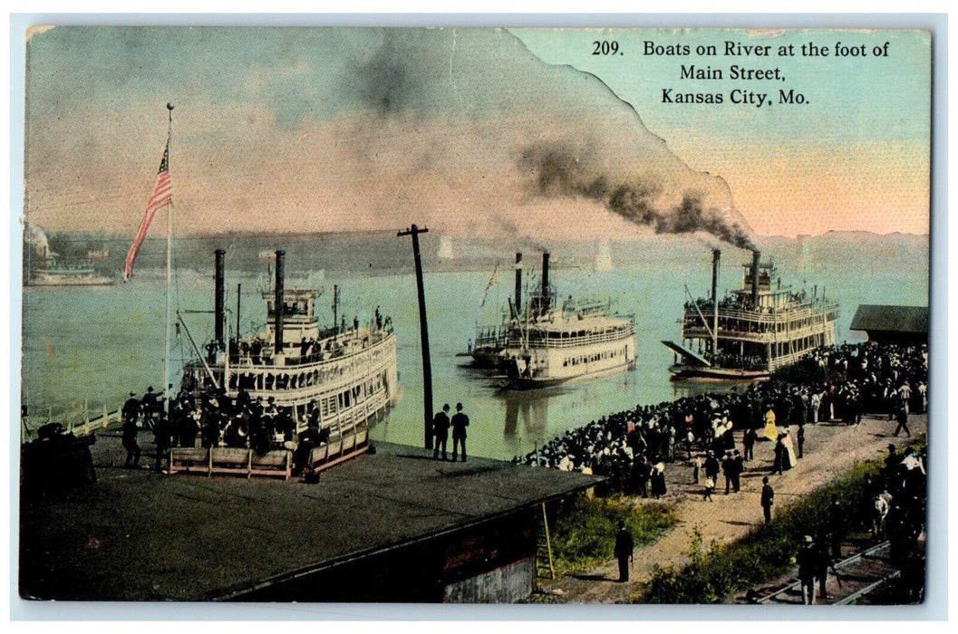 1912 Boats on River at the Foot of Main Street Kansas City Missouri MO Postcard