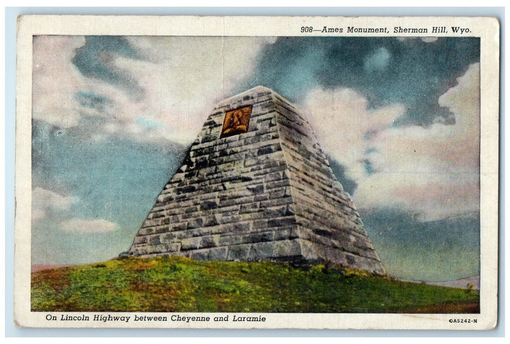 1945 Ames Monument Sherman Hill Lincoln Highway Wyoming Florida Vintage Postcard