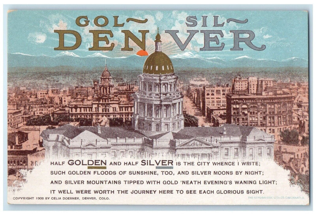 c1910's Golden Silver Floods Of Sunshine Buildings Denver Colorado CO Postcard