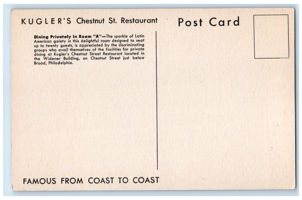 c1940 Dining Private Room Kugler Chestnut St Restaurant Pennsylvania PA Postcard