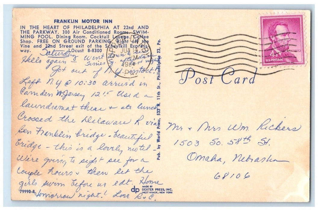1964 Aerial View Franklin Motor Inn Philadelphia Pennsylvania PA Posted Postcard