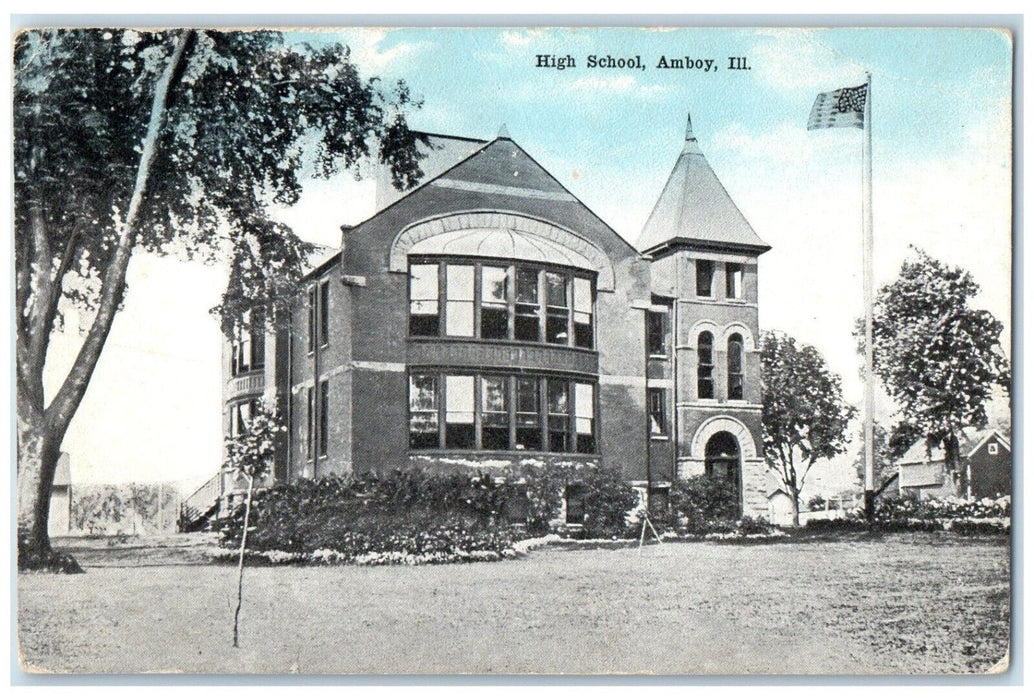 c1910's High School Building Campus View Amboy Illinois IL Antique Postcard