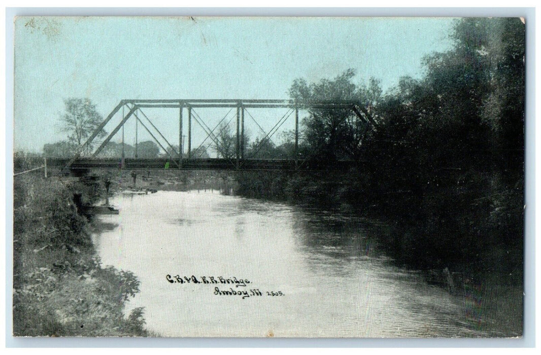1909 CB & Q RR Railroad Bridge River Scene Amboy Illinois IL Antique Postcard