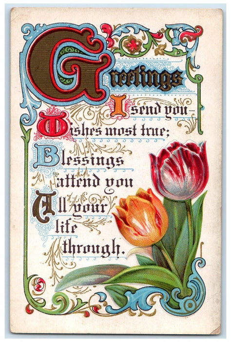 1912 Greetings Tulips Flowers Saverton Missouri MO Duane Cancel 1 Cent Postcard