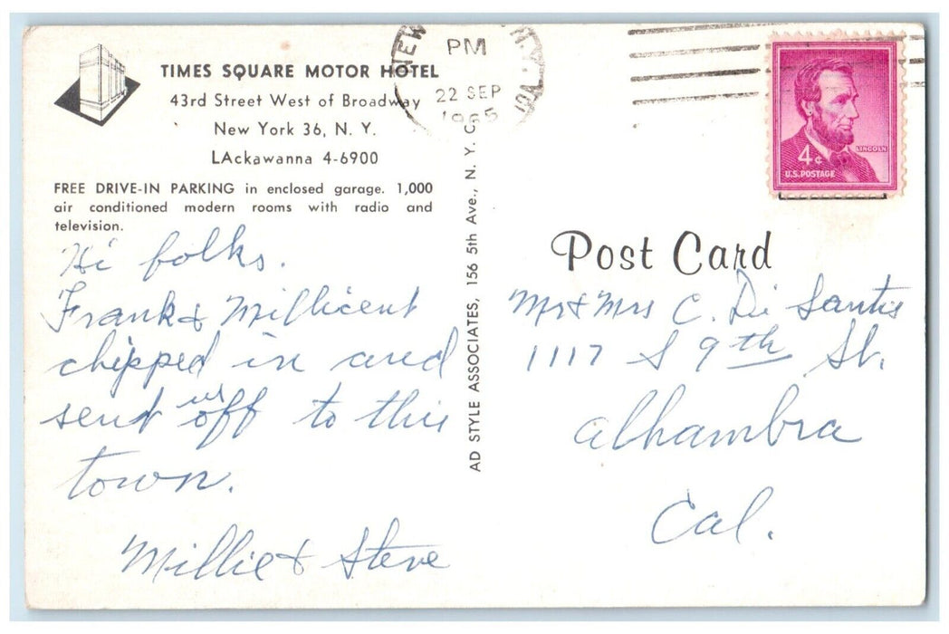 1965 Free Drive-In Parking Times Square Motor Hotel New York New York Postcard
