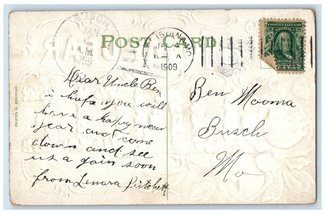 1909 To My Dear Uncle Flowers Busch Missouri MO 1 Cent Postcard