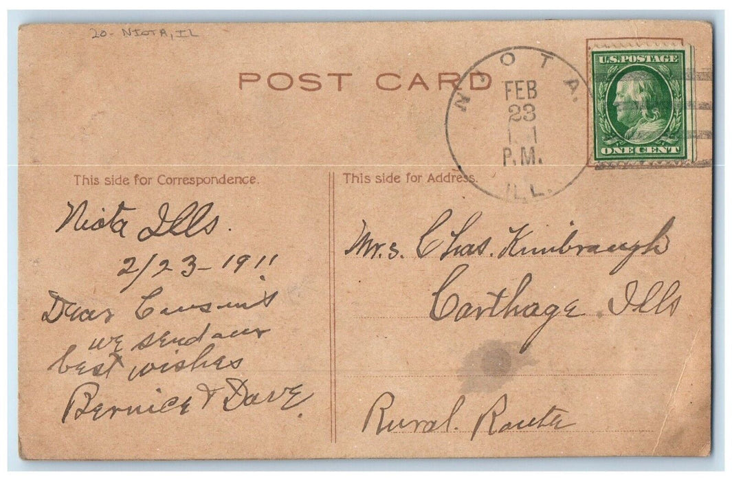 1911 Best Wishes Flower Niota Illinois IL To Carthage Duane Cancel Postcard