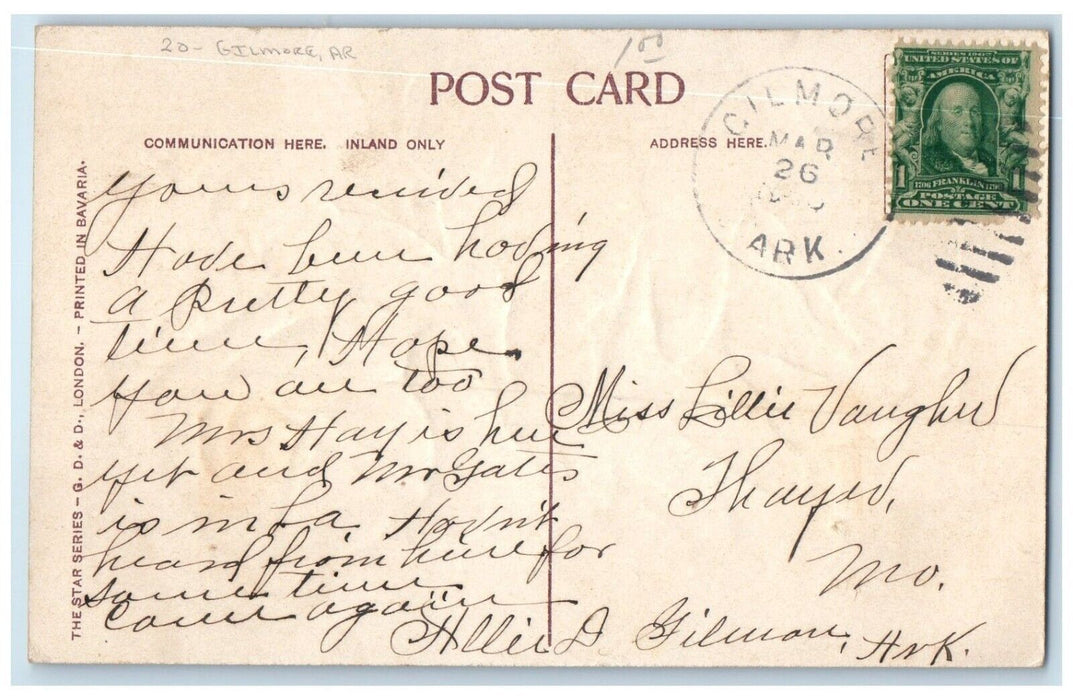 c1910's Flowers Gilmore Arkansas AR Thayer Missouri MO Duplex Cancel Postcard