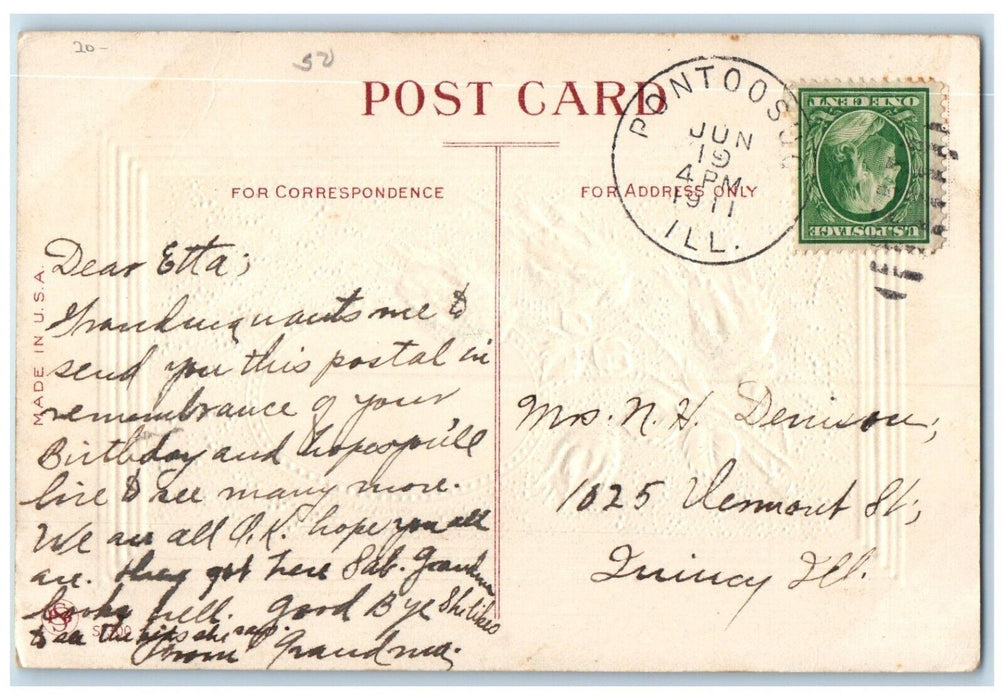 1911 Birthday Greetings Pontoosuc Illinois IL To Quincy Duplex Cancel Postcard