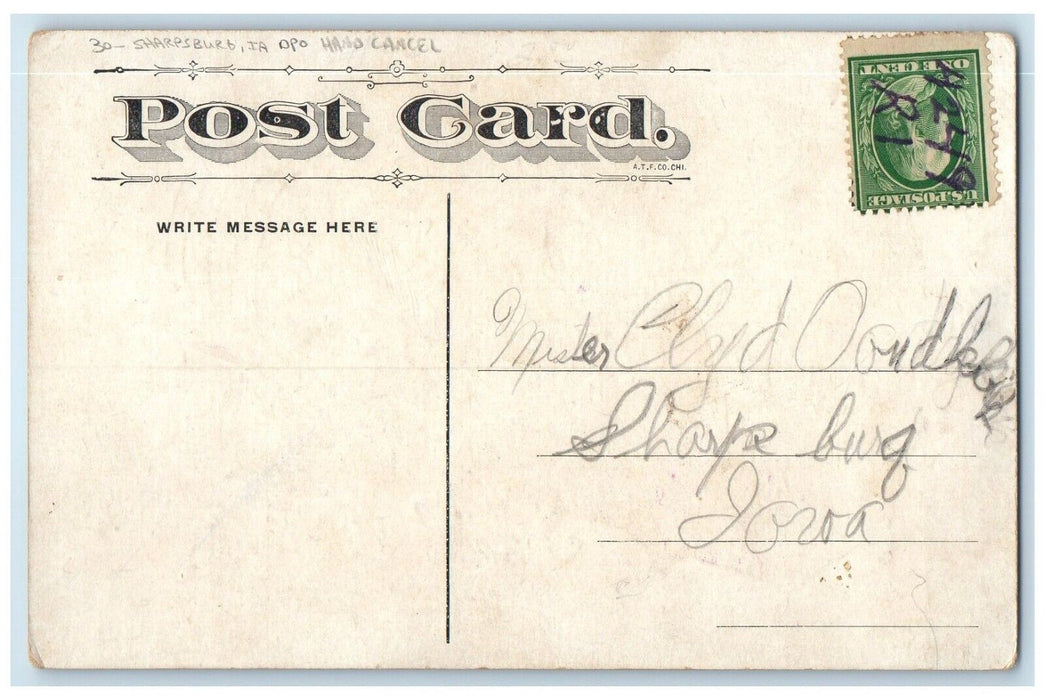 c1910's Man Trapped Nail Sharpsburg Iowa DPO Hand Cancel 1 Cent Postcard