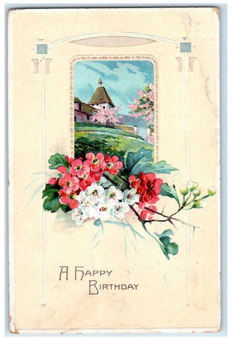 1912 Happy Birthday Flowers Densmore Kansas KS Beaver City Duane Cancel Postcard