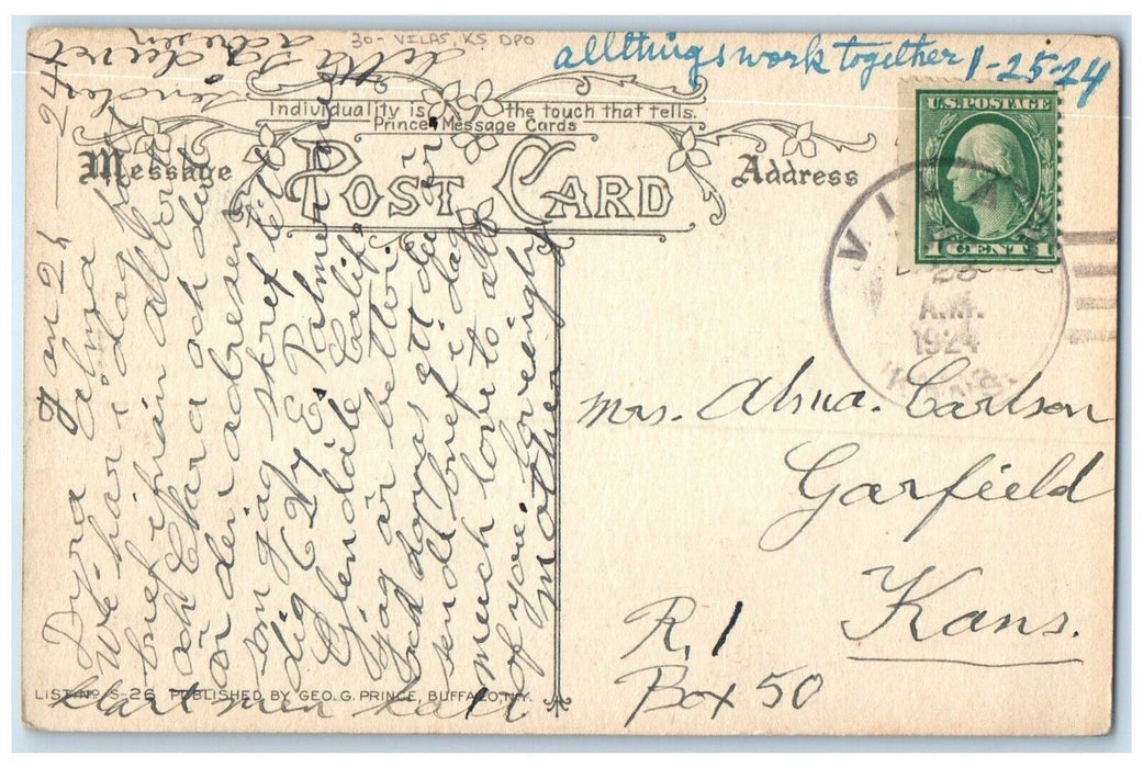 1924 Villas Kansas KS DPO Garfield Kansas KS Duane Cancel 1 Cent Postcard