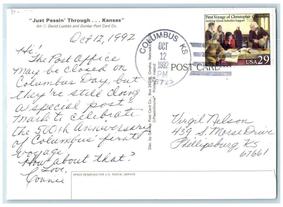 Just Passin Through Columbus Kansas KS To Phillipsburg Duane Cancel Postcard