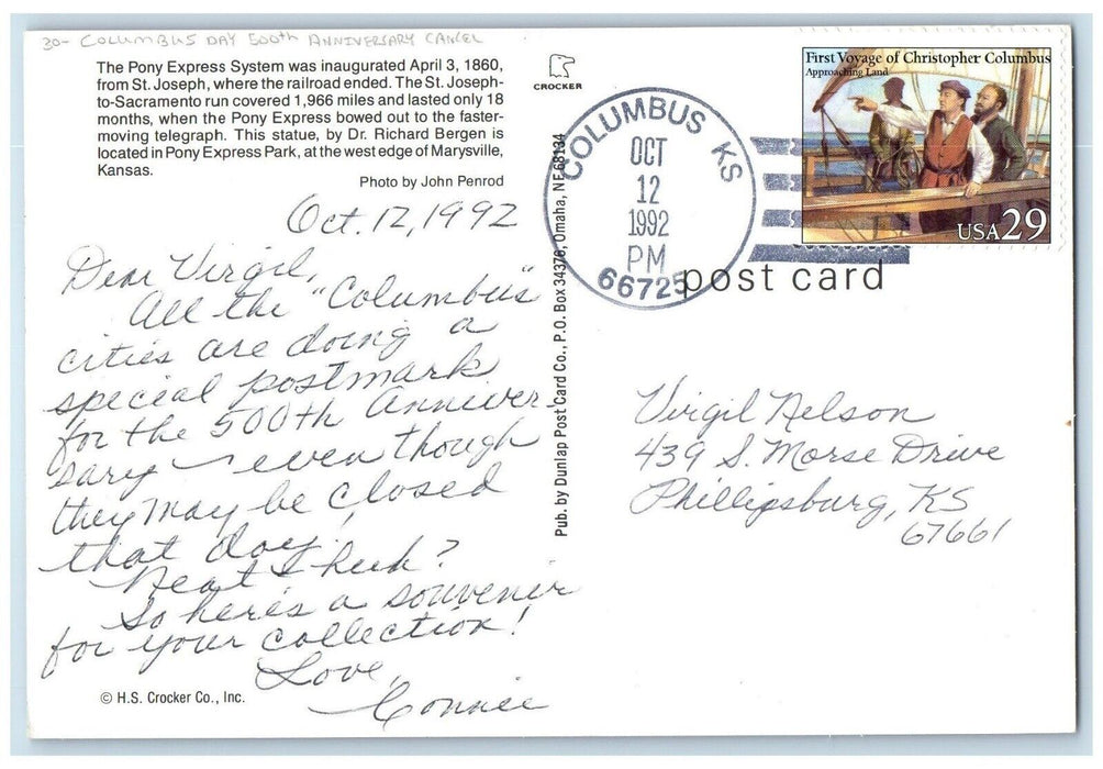 1992 Columbus Day 500th Anniversary Cancel Columbus KS To Phillipsburg Postcard