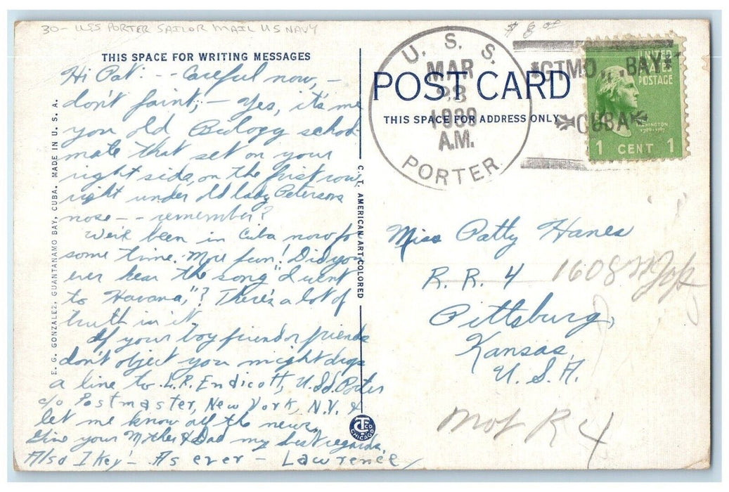1939 US Naval USS Porter Sailor Mail US Navy Pittsburg Kansas KS 1 Cent Postcard