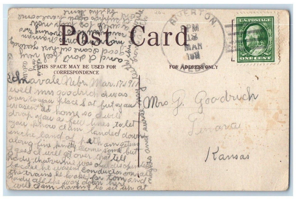 1911 Flowers Riverton Nebraska NE Penara Kansas KS Duane Cancel Postcard