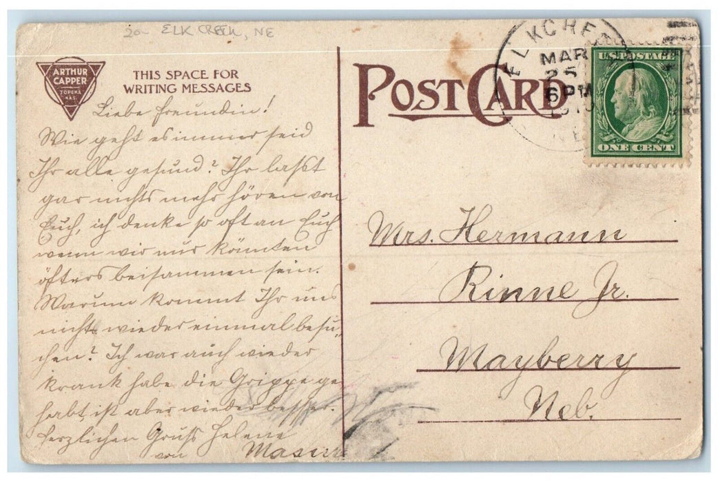 1910 Easter Elk Creek Nebraska To Mayberry Duplex Cancel 1 Cent Postcard