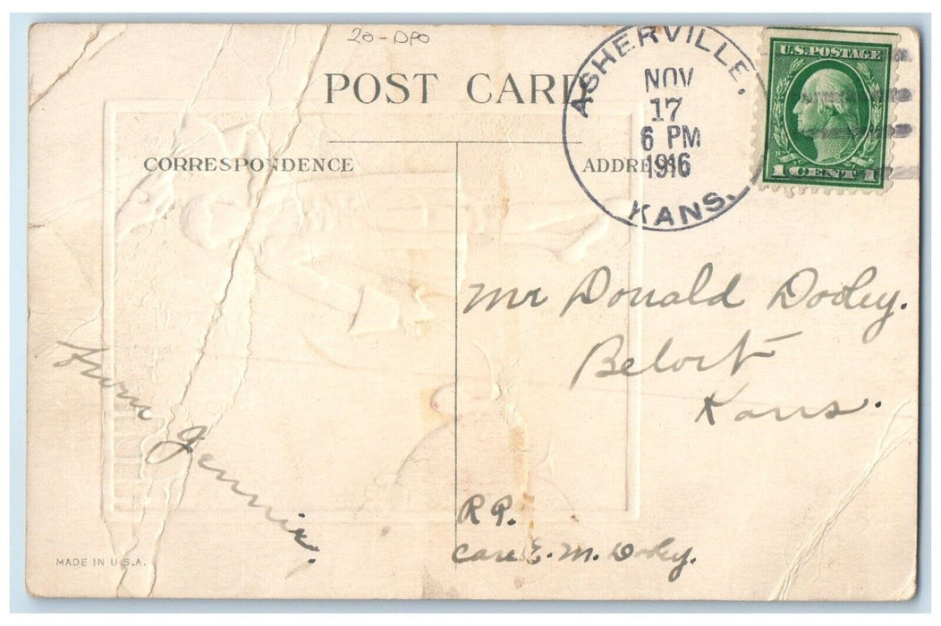 1916 Thanksgiving Asherville Kansas KS To Beloit DPO Duane Cancel Postcard