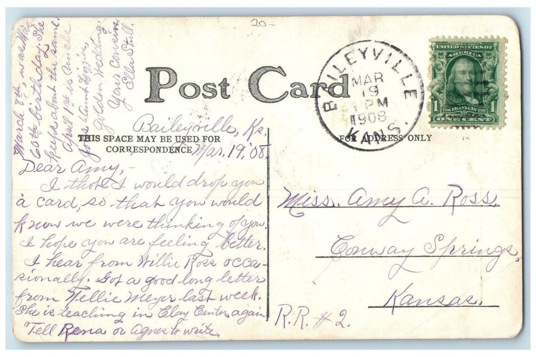 1908 Baileyville Kansas To Conway Springs Duane Cancel 1 Cent Postcard